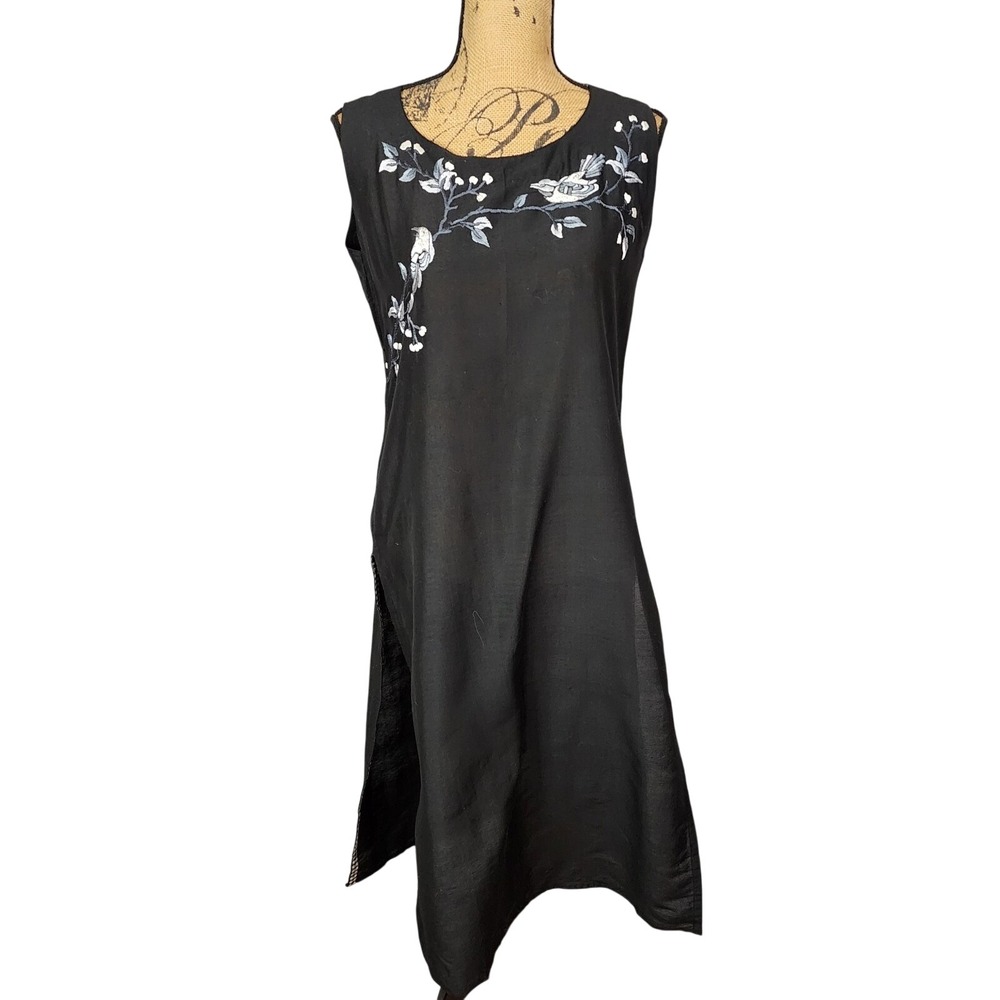 PRAPTI Size Large Black Semi-Sheer Bird Embroidered Indian Kurta Indianwear EUC